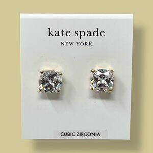 Kate Spade Mini Square CZ Stud Earrings Clear Crystal Gold Tone New